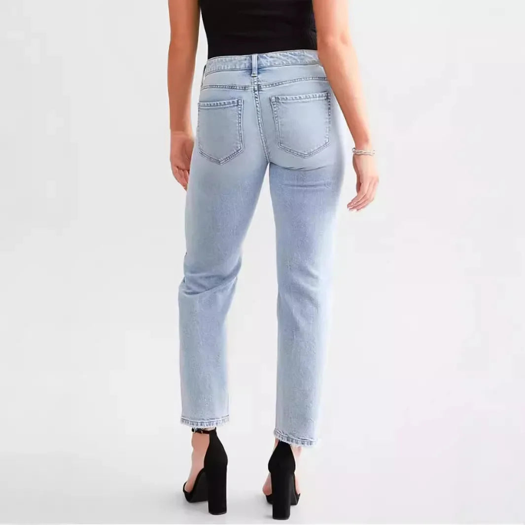High Waist Straight Leg Blue Jeans Women'S Fashion Stretchy Long Pants Slimming Effect 2024 New Style Cross-Border Denim