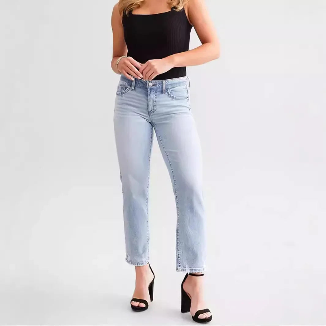 High Waist Straight Leg Blue Jeans Women'S Fashion Stretchy Long Pants Slimming Effect 2024 New Style Cross-Border Denim
