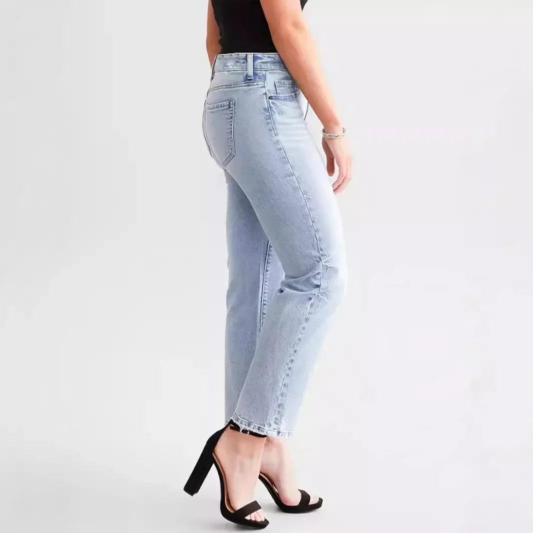 High Waist Straight Leg Blue Jeans Women'S Fashion Stretchy Long Pants Slimming Effect 2024 New Style Cross-Border Denim